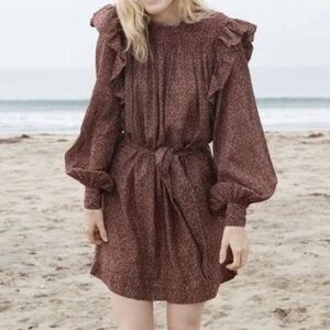DOEN Oliver Ruffle Long Sleeve Dress in Rust Ditzy Floral Size Medium EUC